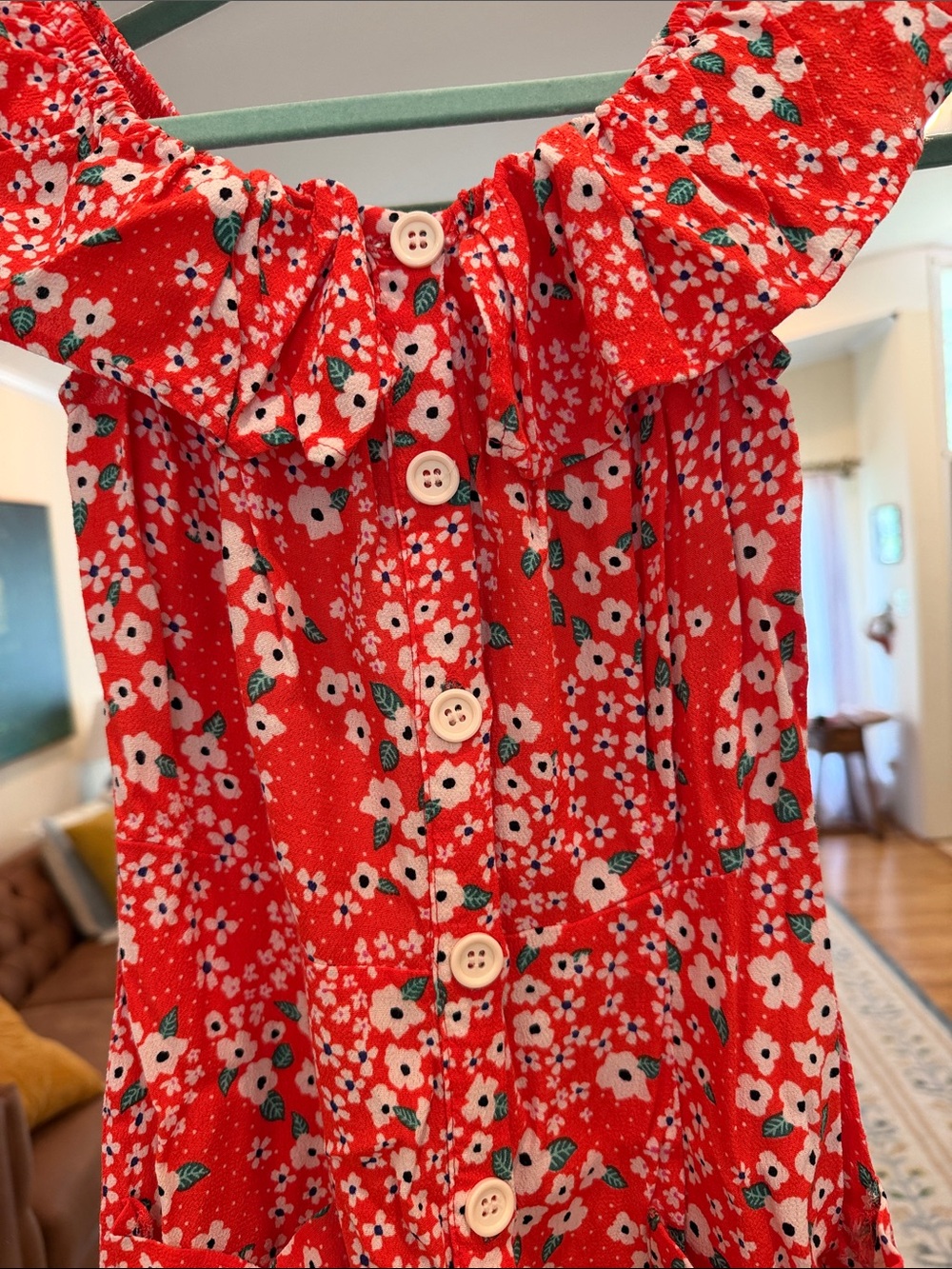 Red Floral Mini Dress with Ruffle Neckline - Picture 2 of 6